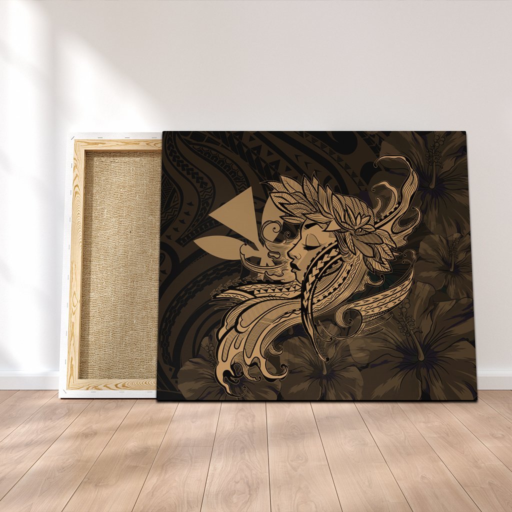 Hawaiian Map Hula Girl Hibiscus Kanaka Polynesian Canvas - Gold - AH Canvas Poly-cotton - Polynesian Pride