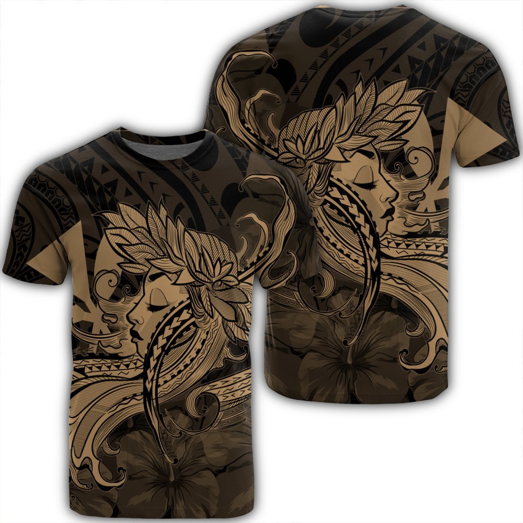 Hawaiian Map Hula Girl Hibiscus Kanaka Polynesian T Shirt Gold Unisex Black - Polynesian Pride