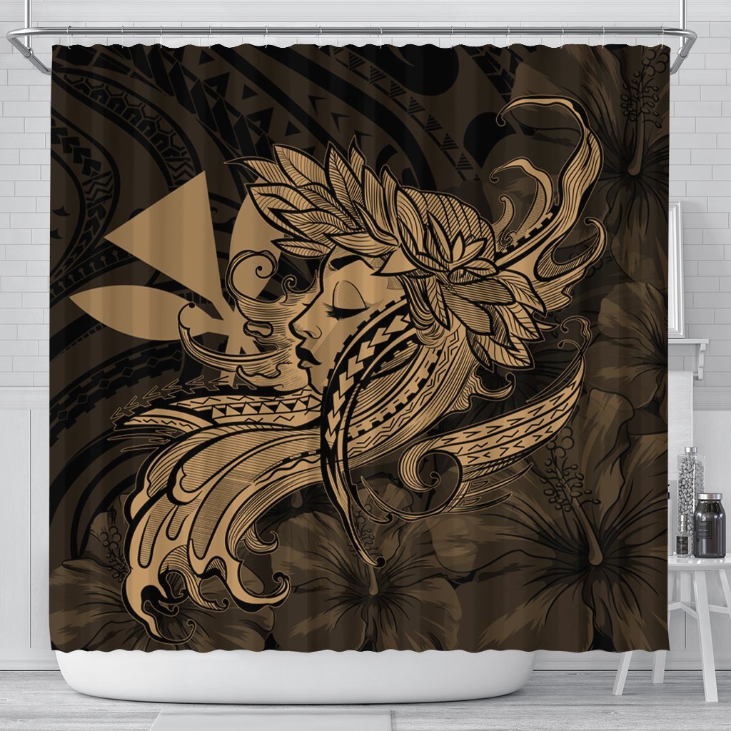 Hawaiian Map Hula Girl Hibiscus Kanaka Polynesian Shower Curtain - Gold - AH 177 x 172 (cm) Black - Polynesian Pride