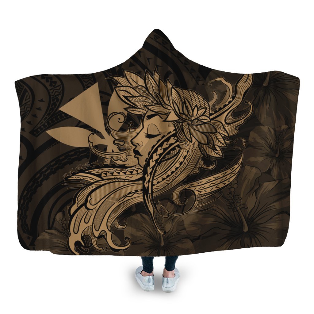 Hawaiian Map Hula Girl Hibiscus Kanaka Polynesian Hooded Blanket - Gold - AH Hooded Blanket White - Polynesian Pride