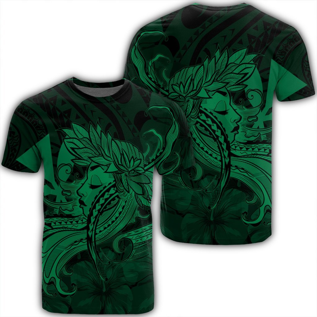 Hawaiian Map Hula Girl Hibiscus Kanaka Polynesian T Shirt Green Unisex Black - Polynesian Pride