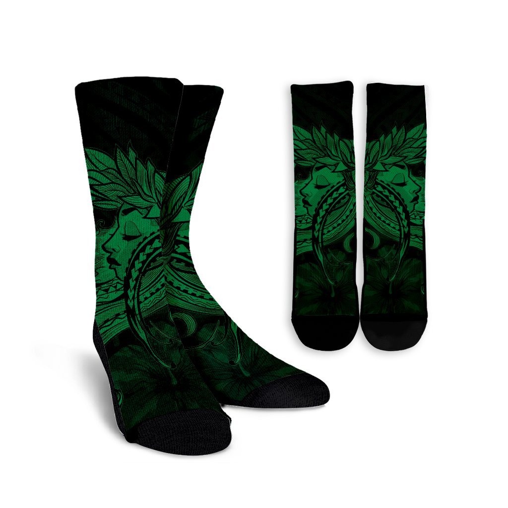 Hawaiian Map Hula Girl Hibiscus Kanaka Polynesian Crew Socks - Green - AH Crew Socks White - Polynesian Pride