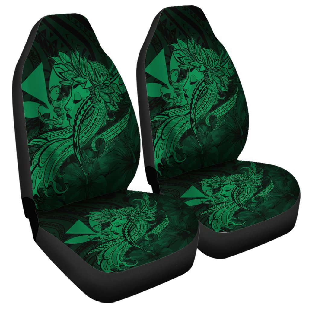 Hawaiian Map Hula Girl Hibiscus Kanaka Polynesian Car Seat Covers - Green - AH Universal Fit Black - Polynesian Pride