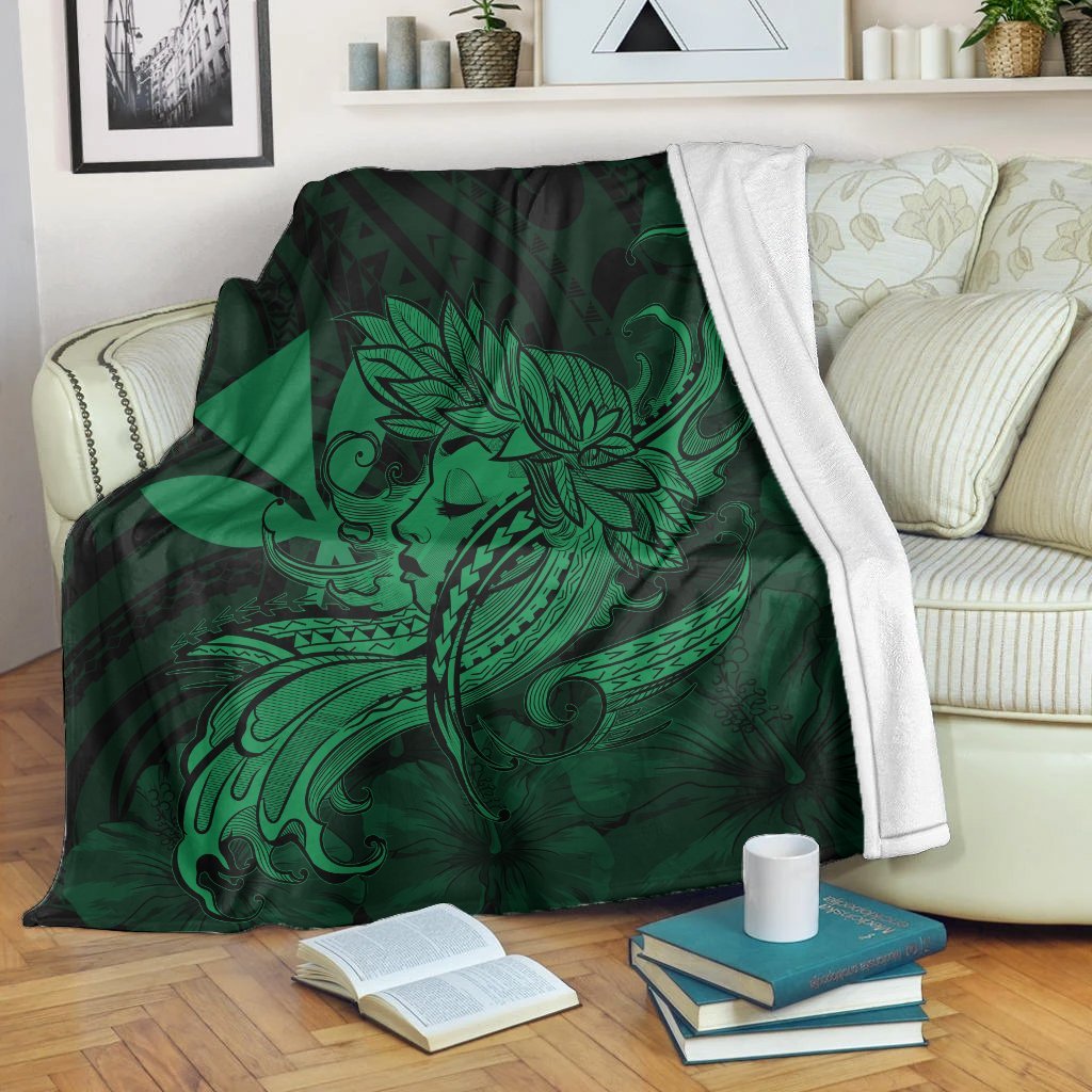 Hawaiian Map Hula Girl Hibiscus Kanaka Polynesian Premium Blankets - Green - AH White - Polynesian Pride