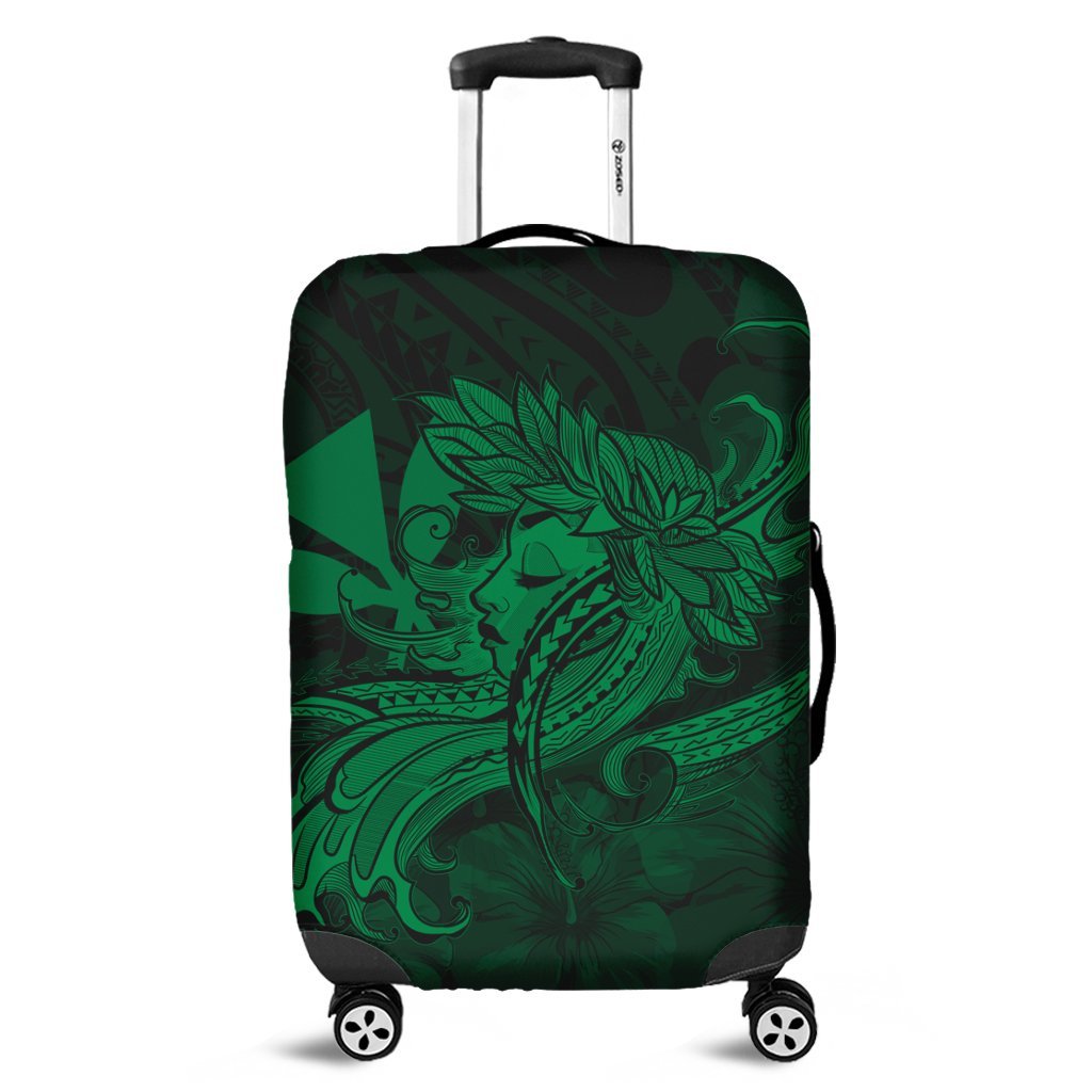 Hawaiian Map Hula Girl Hibiscus Kanaka Polynesian Luggage Covers - Green - AH Black - Polynesian Pride