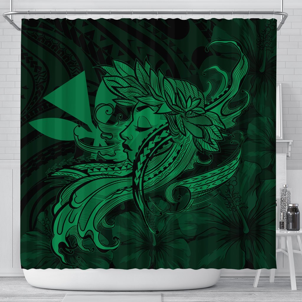 Hawaiian Map Hula Girl Hibiscus Kanaka Polynesian Shower Curtain - Green - AH 177 x 172 (cm) Black - Polynesian Pride