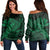 Hawaiian Map Hula Girl Hibiscus Kanaka Polynesian Women's Off Shoulder Sweater - Green - AH Black - Polynesian Pride