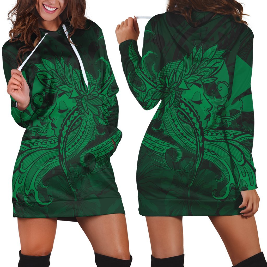 Hawaiian Map Hula Girl Hibiscus Kanaka Polynesian Hoodie Dress - Green - AH Black - Polynesian Pride