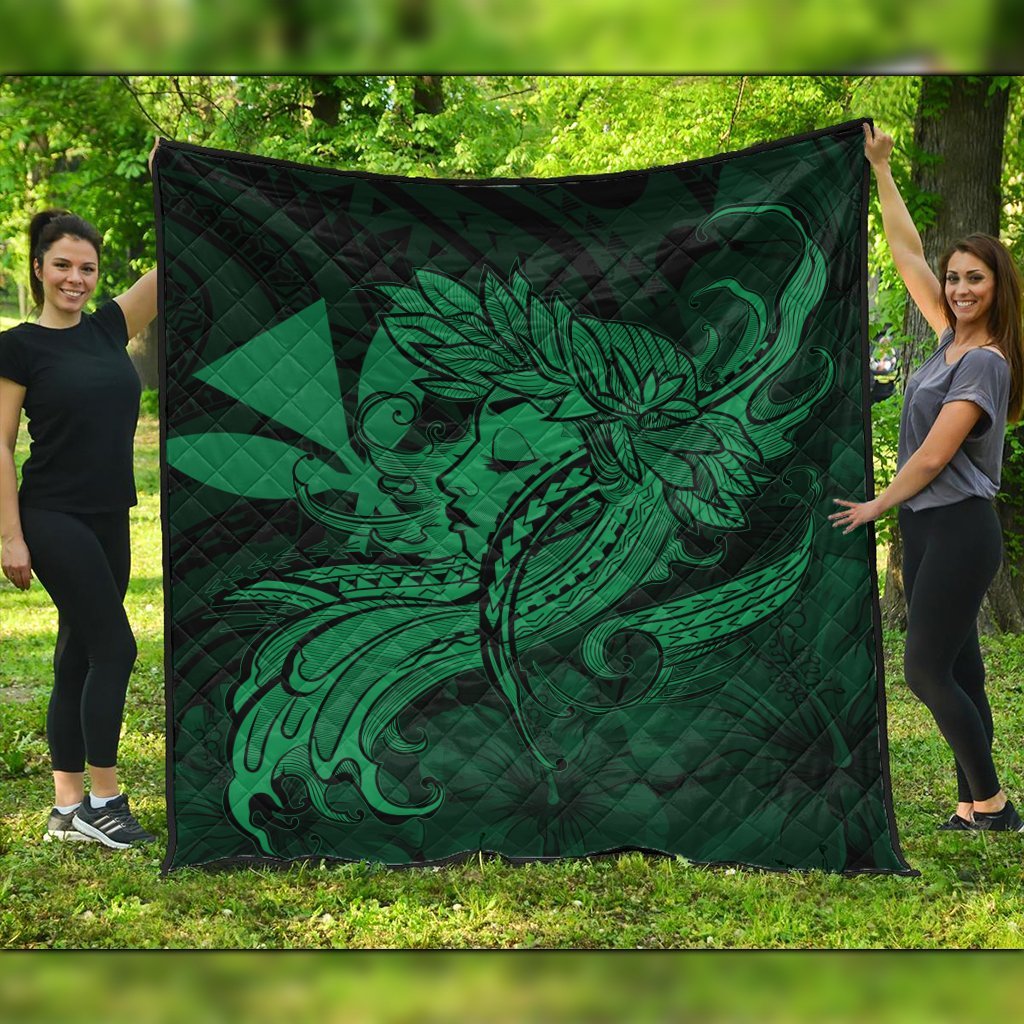 Hawaiian Map Hula Girl Hibiscus Kanaka Polynesian Premium Quilts - Green - AH Black - Polynesian Pride