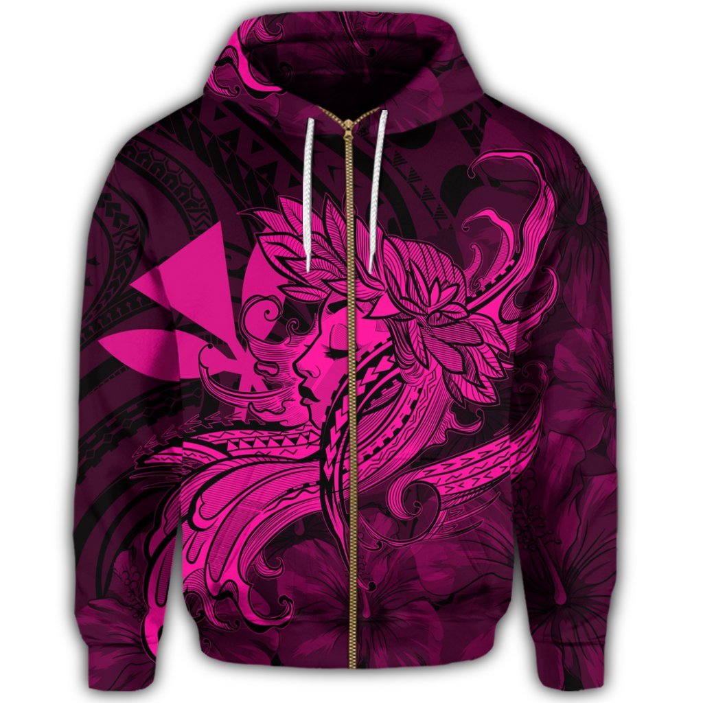 Hawaiian Map Hula Girl Hibiscus Kanaka Polynesian Zip Hoodie Pink - Polynesian Pride
