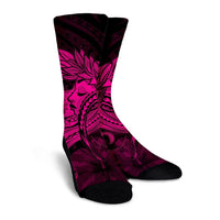 Hawaiian Map Hula Girl Hibiscus Kanaka Polynesian Crew Socks - Pink - AH - Polynesian Pride