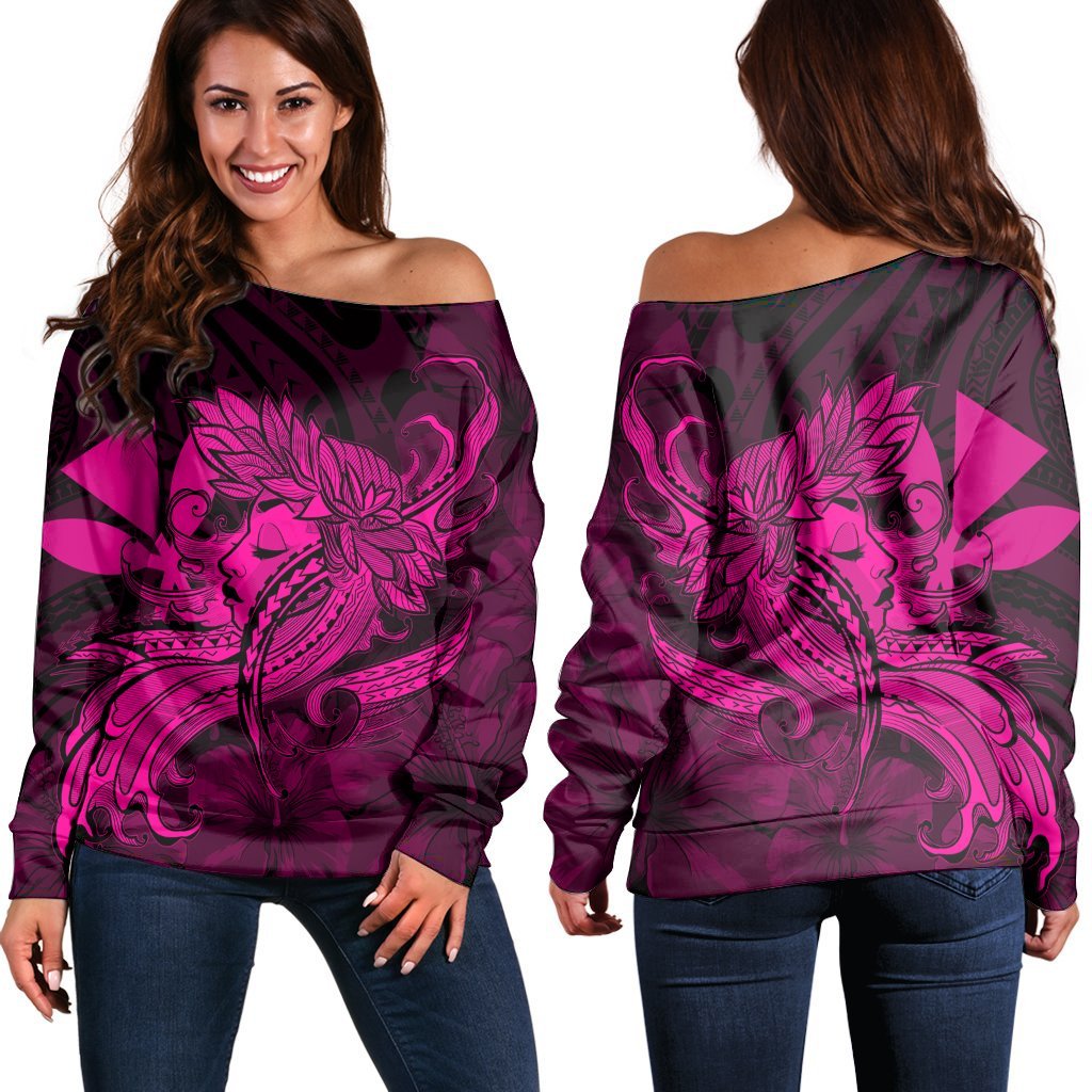 Hawaiian Map Hula Girl Hibiscus Kanaka Polynesian Women's Off Shoulder Sweater - Pink - AH Black - Polynesian Pride