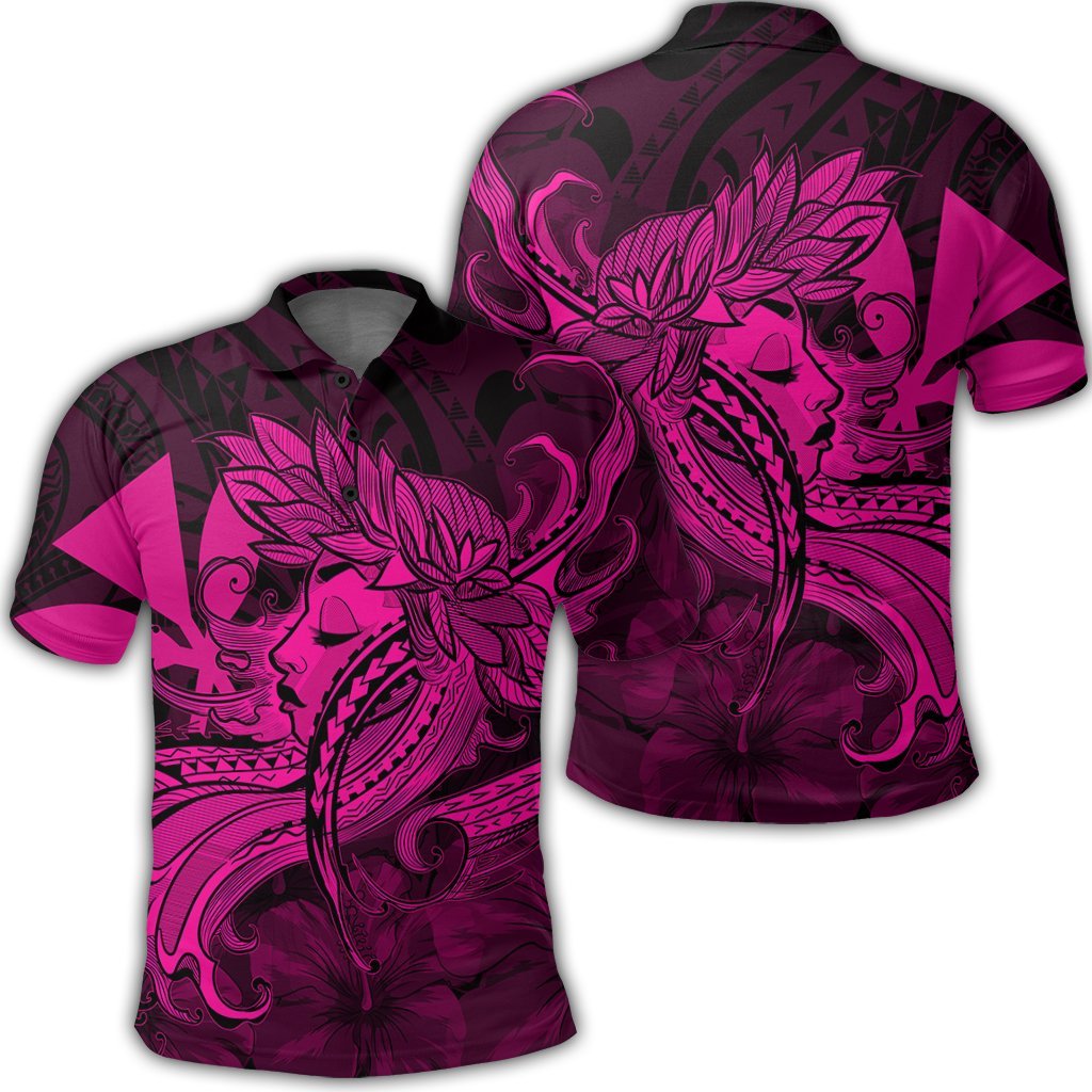 Hawaiian Map Hula Girl Hibiscus Kanaka Polynesian Polo Shirt Pink Unisex Black - Polynesian Pride