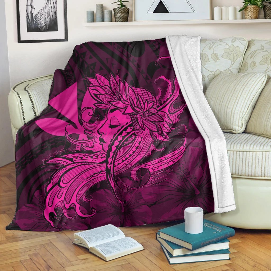 Hawaiian Map Hula Girl Hibiscus Kanaka Polynesian Premium Blankets - Pink - AH White - Polynesian Pride