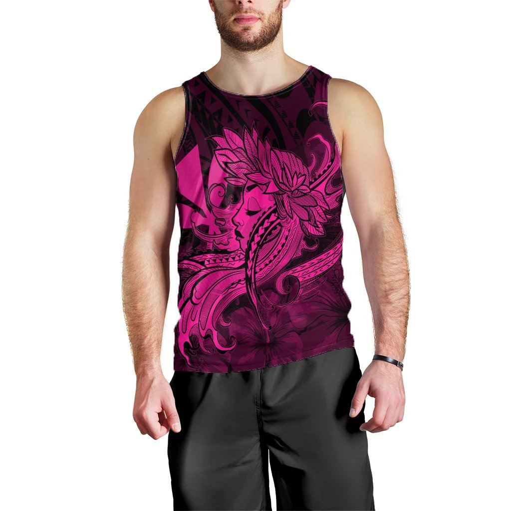 Hawaiian Map Hula Girl Hibiscus Kanaka Polynesian Tank Top - Pink - AH Black - Polynesian Pride
