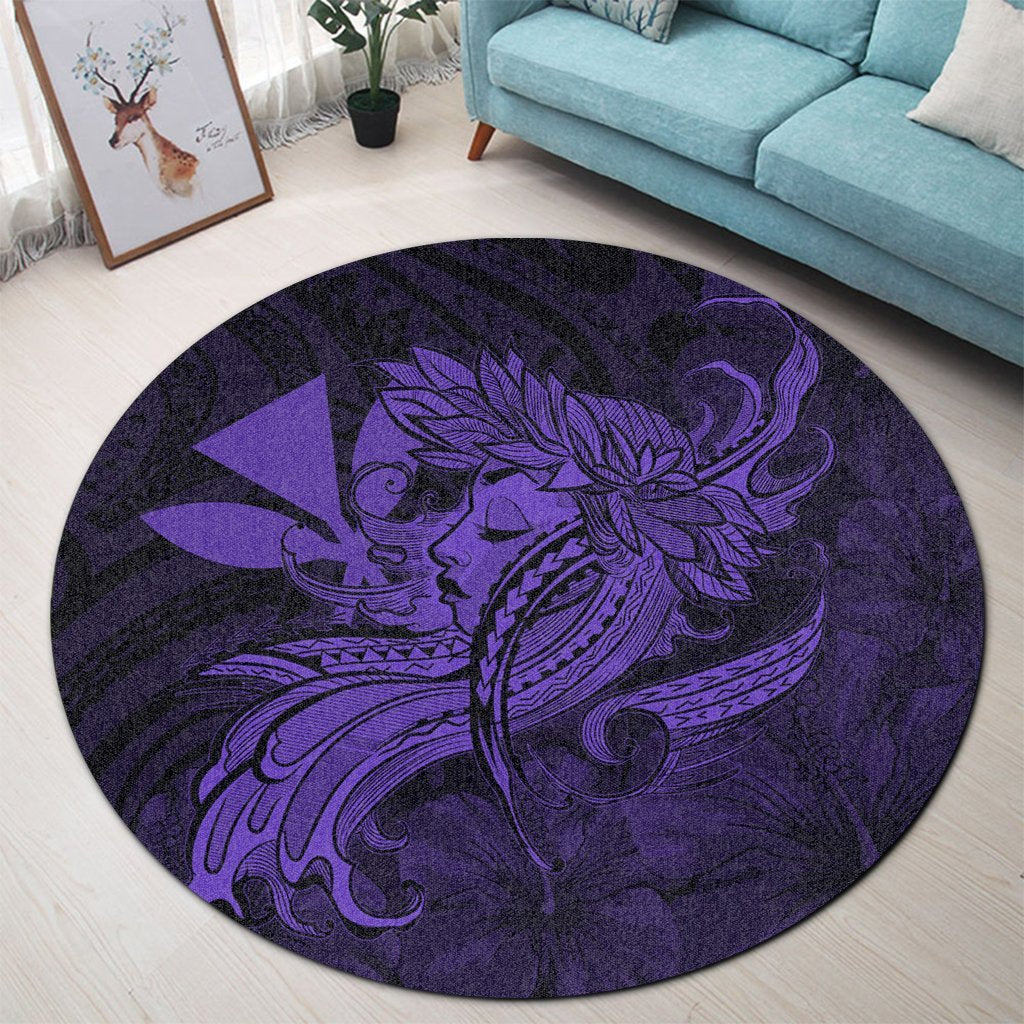 Hawaiian Map Hula Girl Hibiscus Kanaka Polynesian Round Carpet - Purple - AH - Polynesian Pride