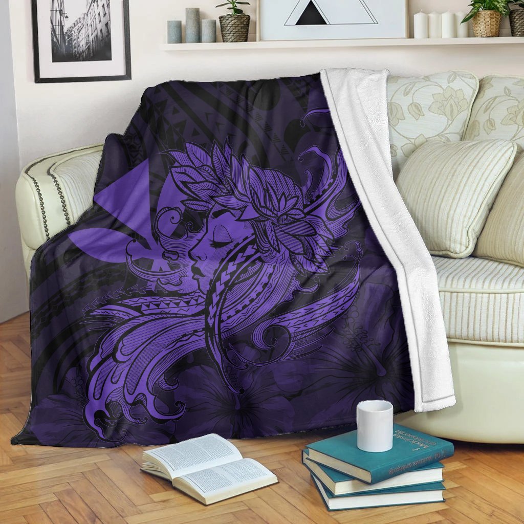 Hawaiian Map Hula Girl Hibiscus Kanaka Polynesian Premium Blankets - Purple - AH White - Polynesian Pride