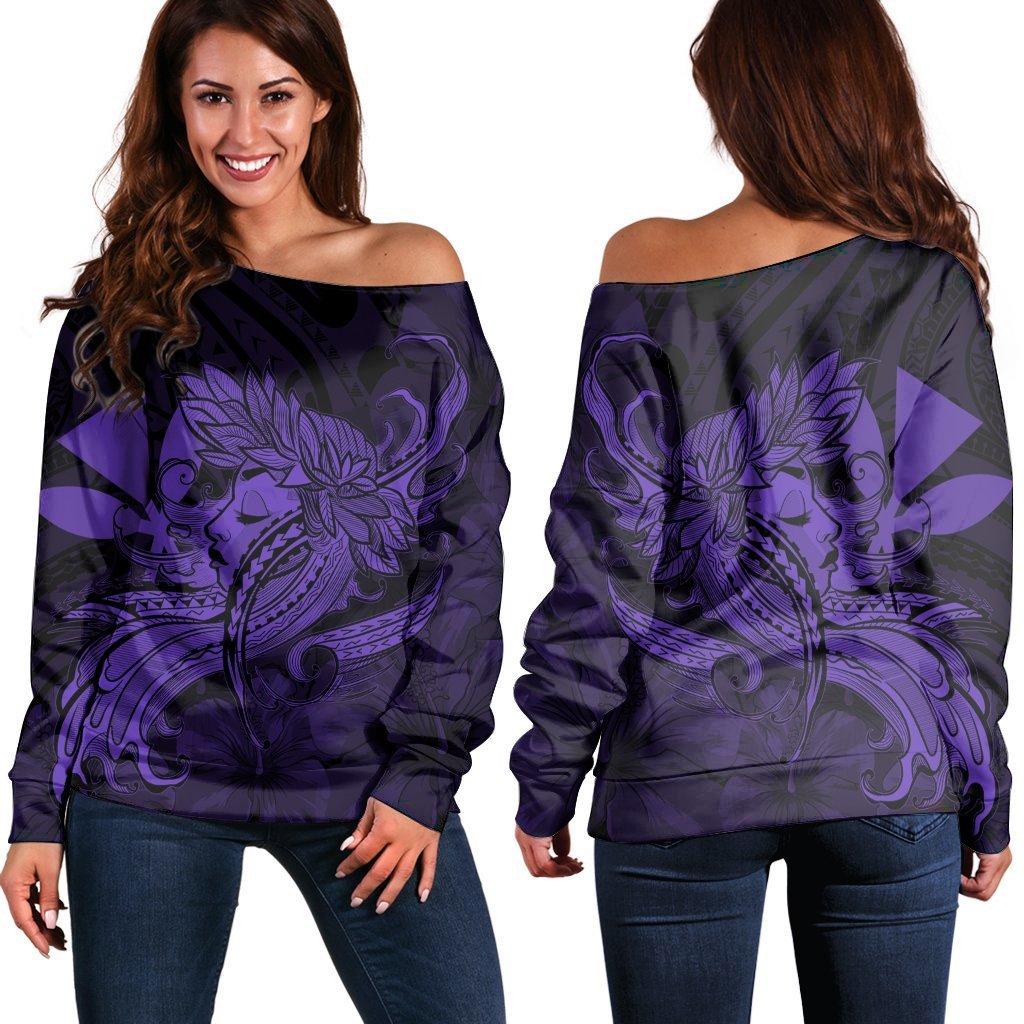 Hawaiian Map Hula Girl Hibiscus Kanaka Polynesian Women's Off Shoulder Sweater - Purple - AH Black - Polynesian Pride