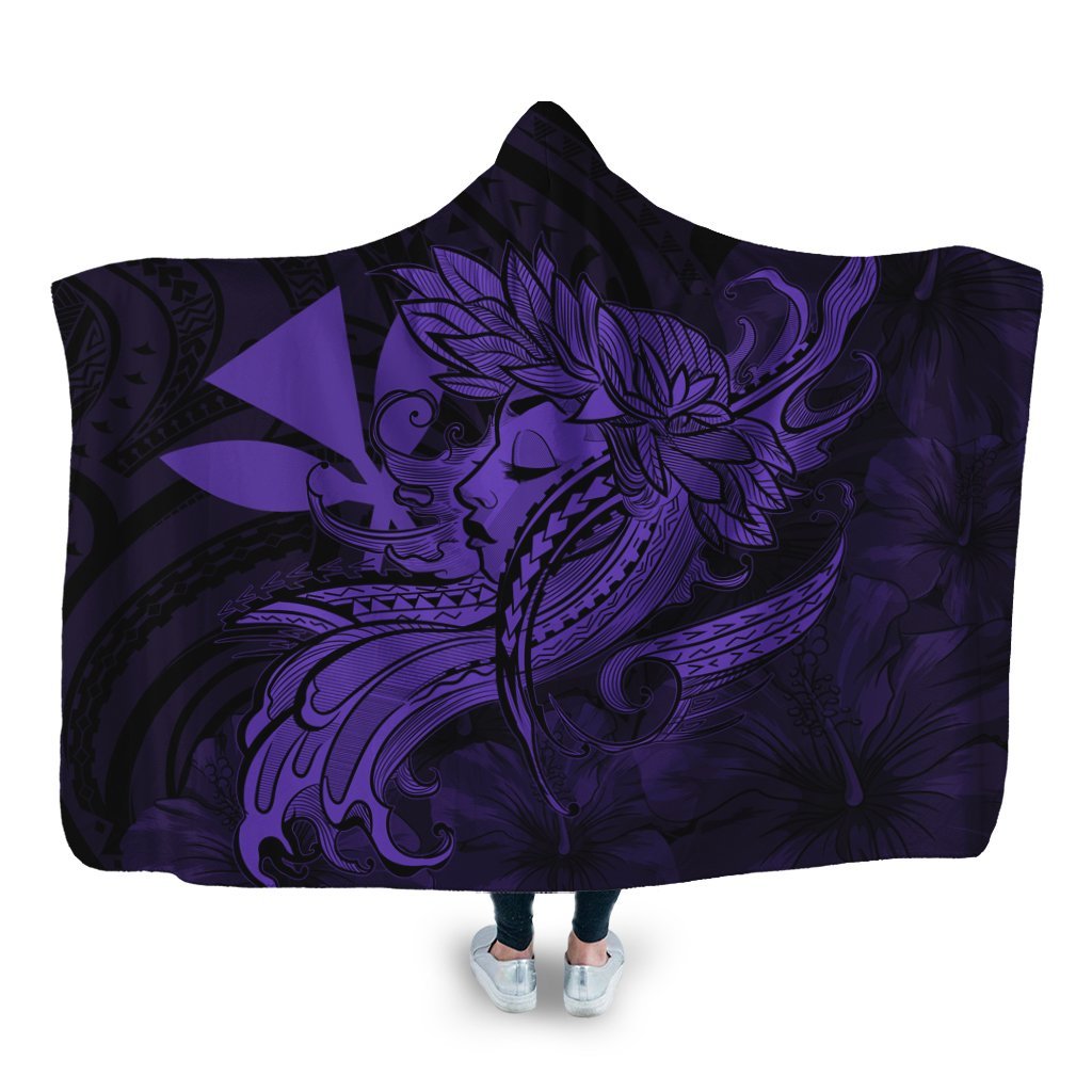 Hawaiian Map Hula Girl Hibiscus Kanaka Polynesian Hooded Blanket - Purple - AH Hooded Blanket White - Polynesian Pride