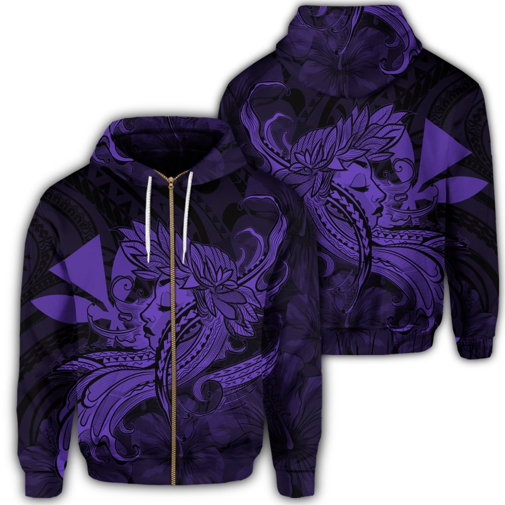 Hawaiian Map Hula Girl Hibiscus Kanaka Polynesian Zip Hoodie Purple Unisex Art - Polynesian Pride