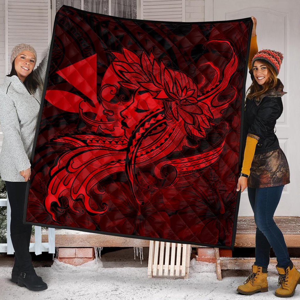 Hawaiian Map Hula Girl Hibiscus Kanaka Polynesian Premium Quilts - Red - AH - Polynesian Pride