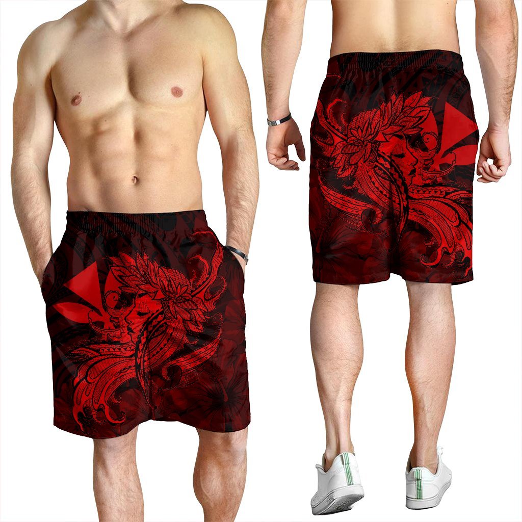 Hawaiian Map Hula Girl Hibiscus Kanaka Polynesian Men's Shorts - Red - AH - Polynesian Pride