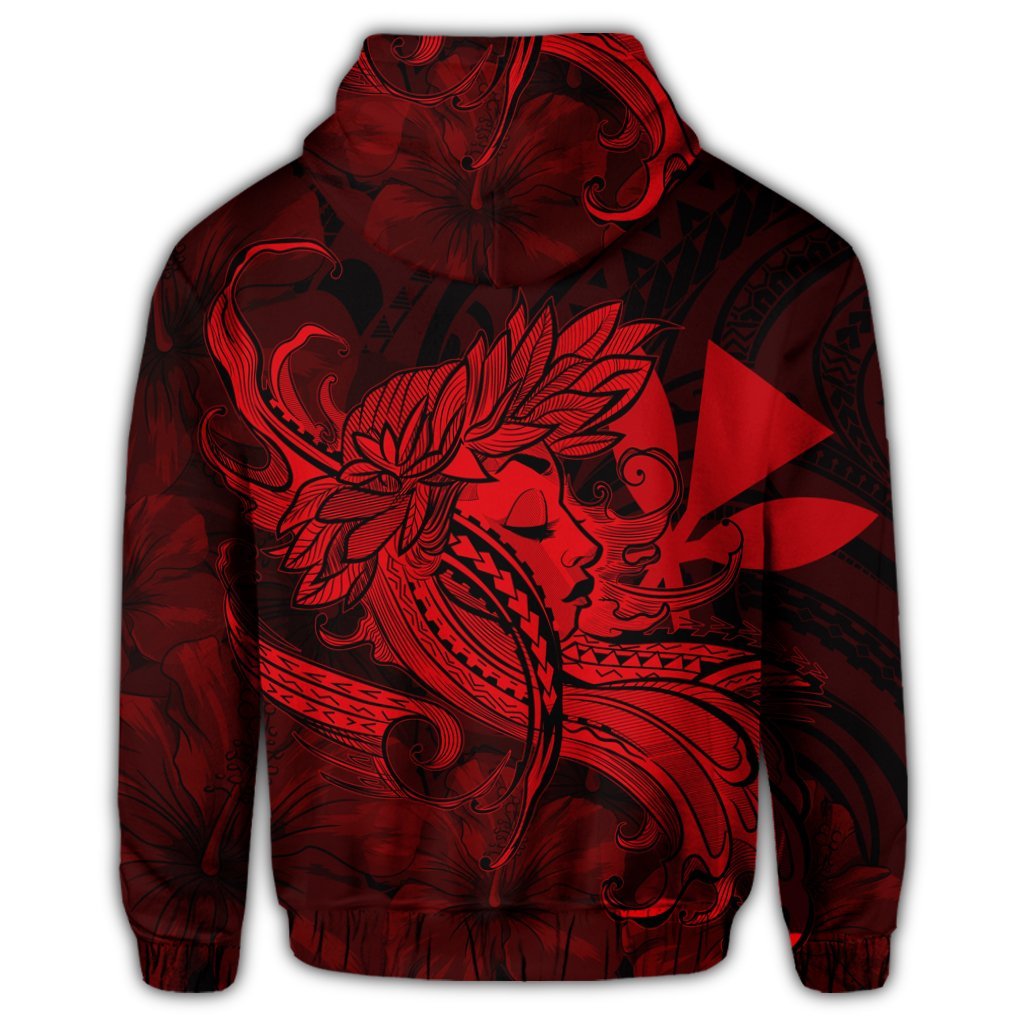 Hawaiian Map Hula Girl Hibiscus Kanaka Polynesian Zip Hoodie Red - Polynesian Pride