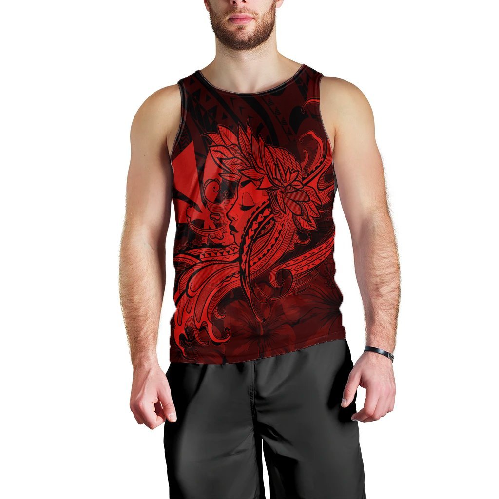 Hawaiian Map Hula Girl Hibiscus Kanaka Polynesian Tank Top - Red - AH Black - Polynesian Pride