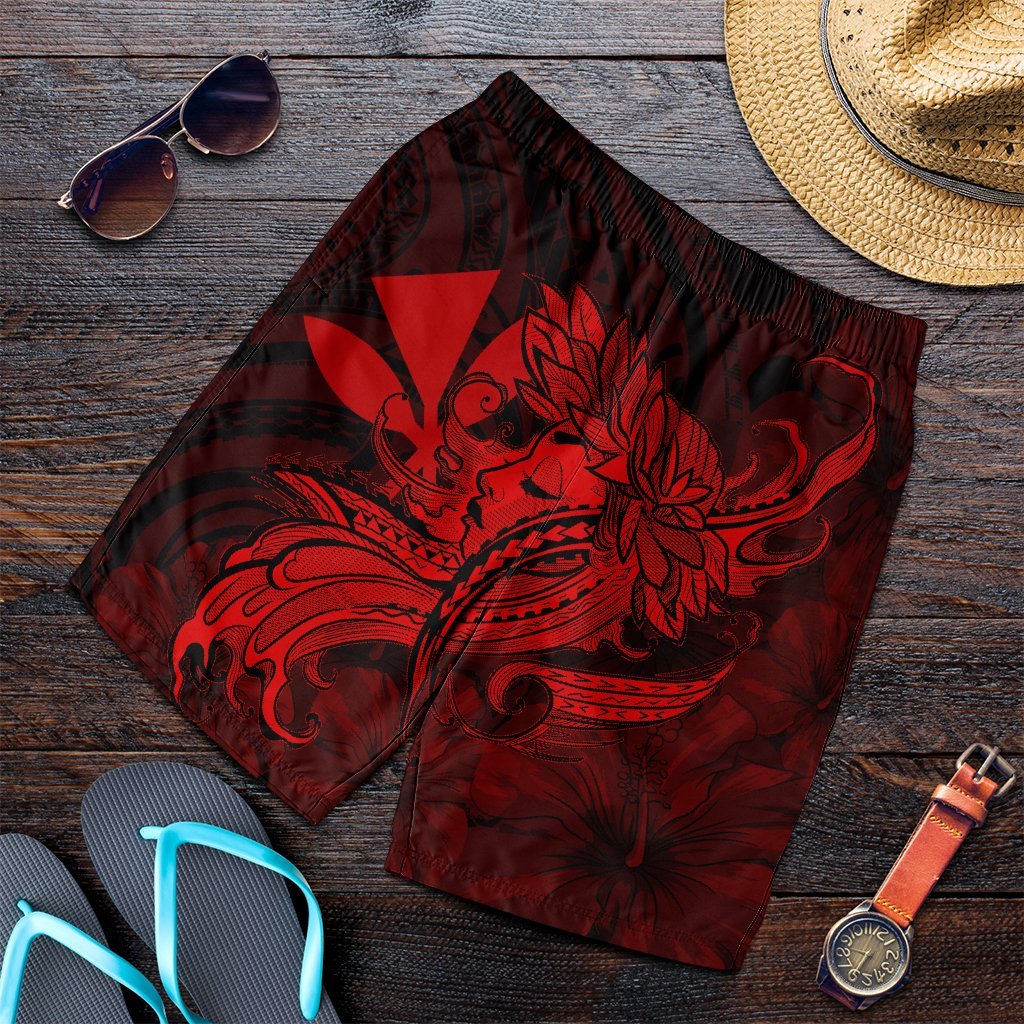 Hawaiian Map Hula Girl Hibiscus Kanaka Polynesian Men's Shorts - Red - AH Art - Polynesian Pride