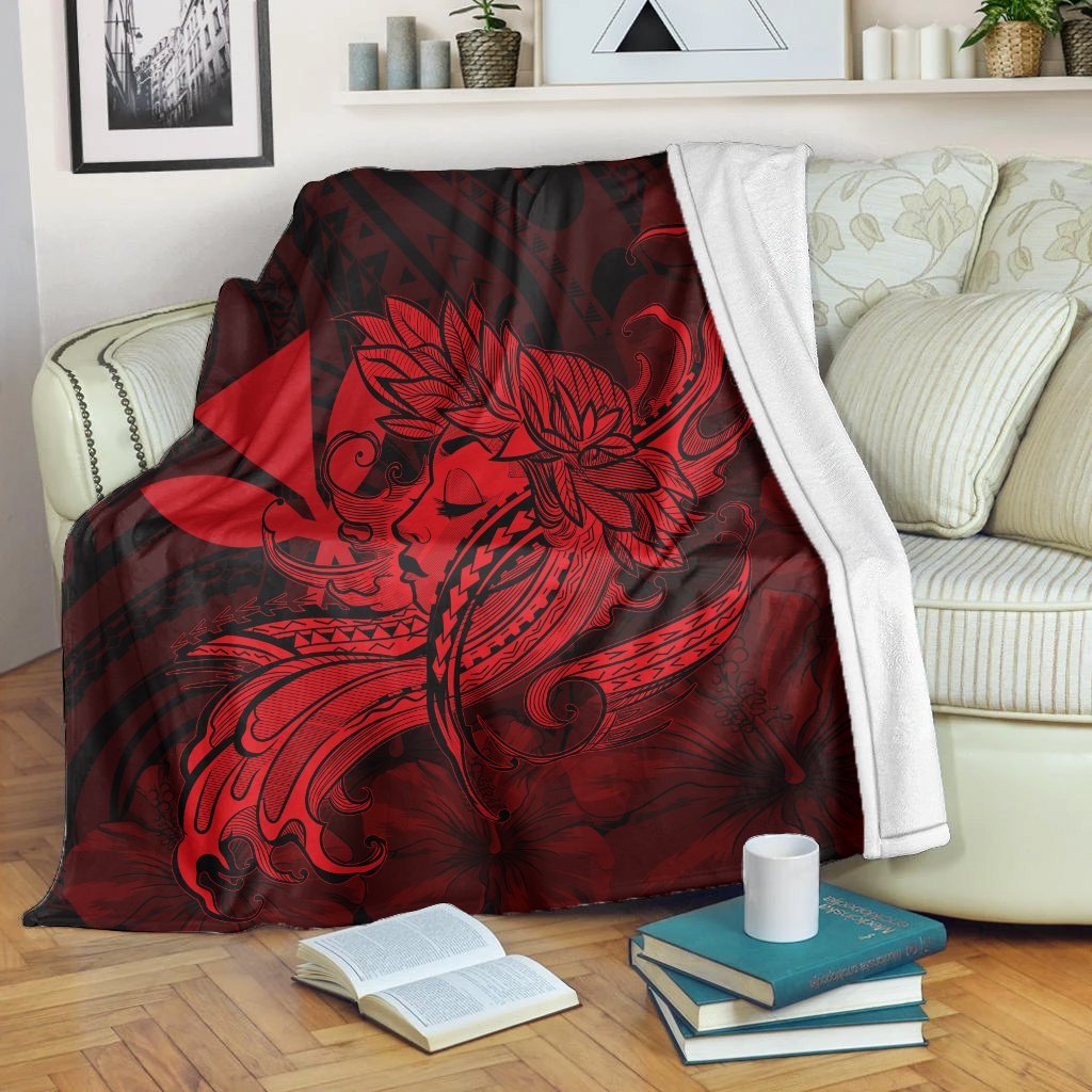 Hawaiian Map Hula Girl Hibiscus Kanaka Polynesian Premium Blankets - Red - AH White - Polynesian Pride