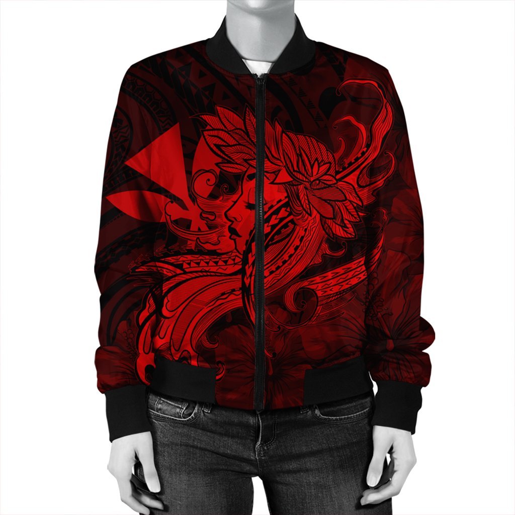 Hawaiian Map Hula Girl Hibiscus Kanaka Polynesian Bomber Jacket - Red - AH - Polynesian Pride