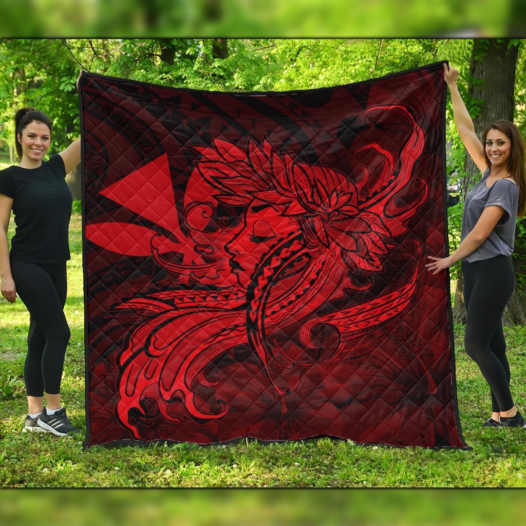 Hawaiian Map Hula Girl Hibiscus Kanaka Polynesian Premium Quilts - Red - AH Black - Polynesian Pride