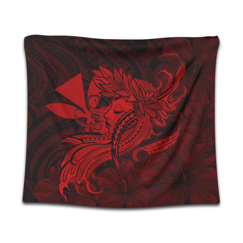 Hawaiian Map Hula Girl Hibiscus Kanaka Polynesian Tapestry - Red - AH Wall Tapestry Black - Polynesian Pride