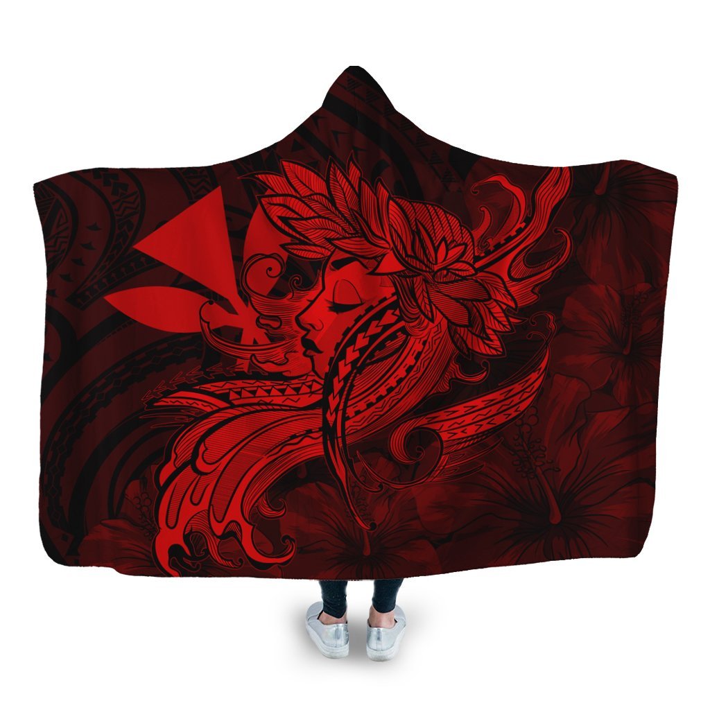 Hawaiian Map Hula Girl Hibiscus Kanaka Polynesian Hooded Blanket - Red - AH Hooded Blanket White - Polynesian Pride