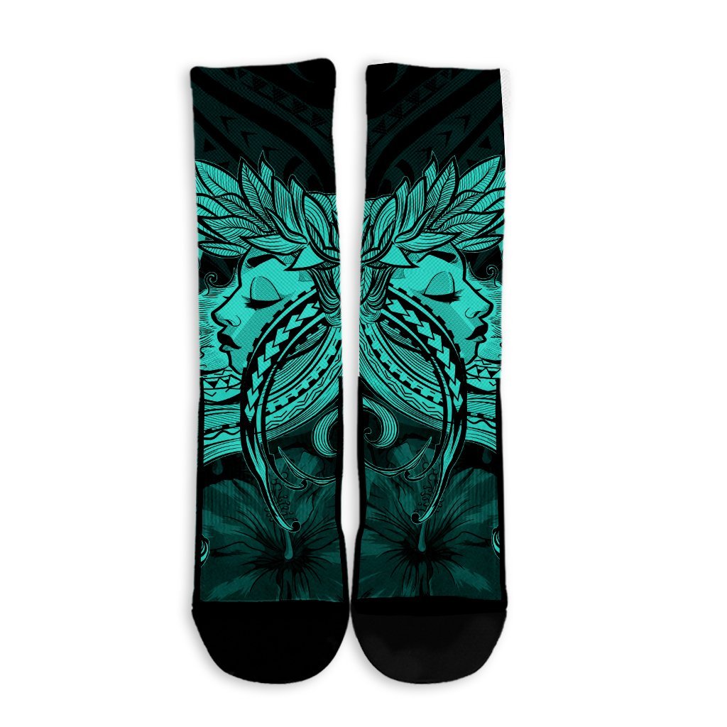 Hawaiian Map Hula Girl Hibiscus Kanaka Polynesian Crew Socks - Turquoise - AH - Polynesian Pride