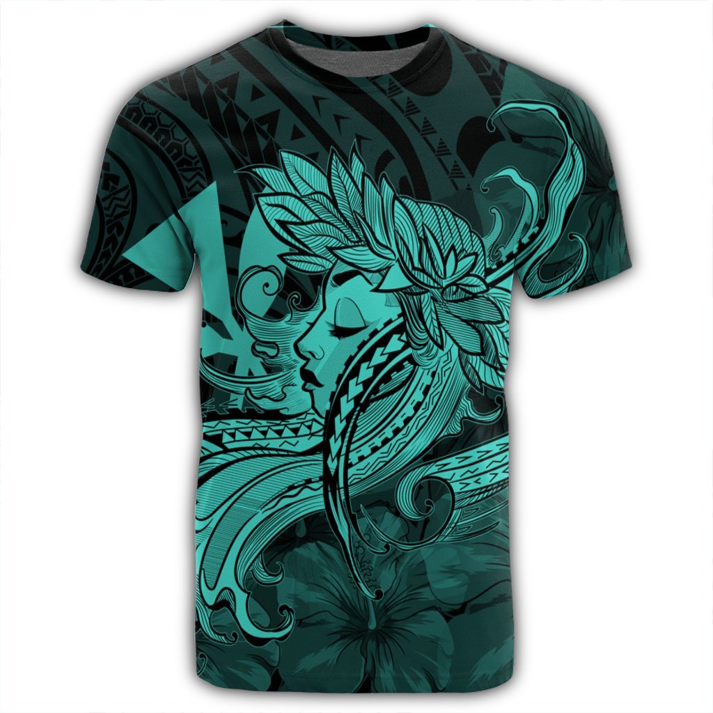 Hawaiian Map Hula Girl Hibiscus Kanaka Polynesian T Shirt Turquoise - Polynesian Pride