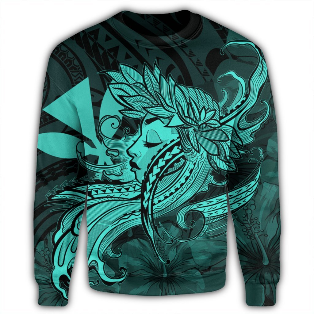 Hawaiian Map Hula Girl Hibiscus Kanaka Polynesian Sweatshirt - Turquoise - AH - Polynesian Pride