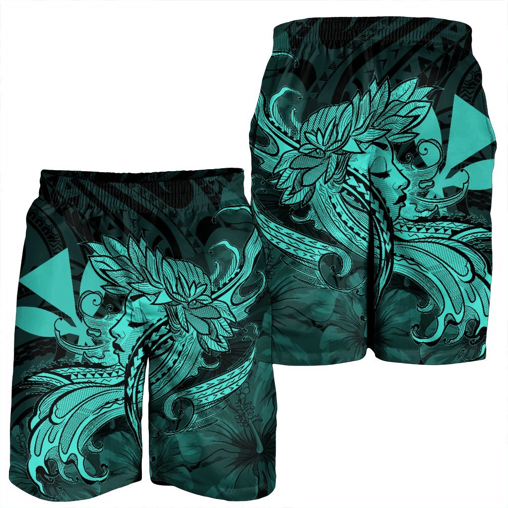 Hawaiian Map Hula Girl Hibiscus Kanaka Polynesian Men's Shorts - Turquoise - AH - Polynesian Pride