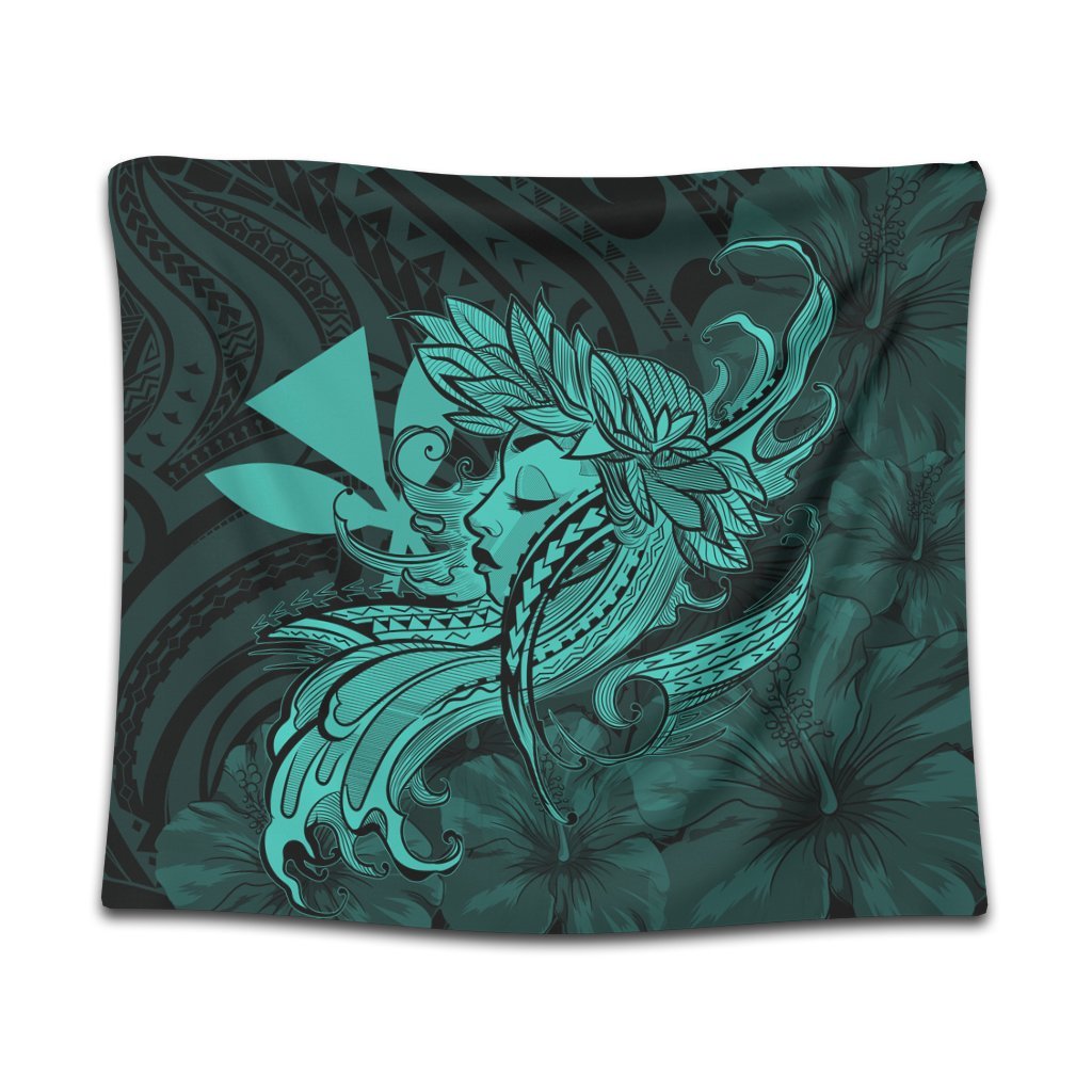 Hawaiian Map Hula Girl Hibiscus Kanaka Polynesian Tapestry - Turquoise - AH Wall Tapestry Black - Polynesian Pride