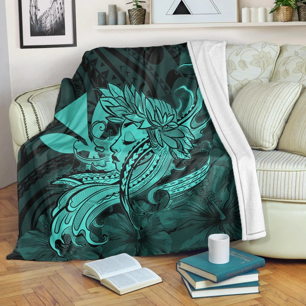 Hawaiian Map Hula Girl Hibiscus Kanaka Polynesian Premium Blankets - Turquoise - AH White - Polynesian Pride