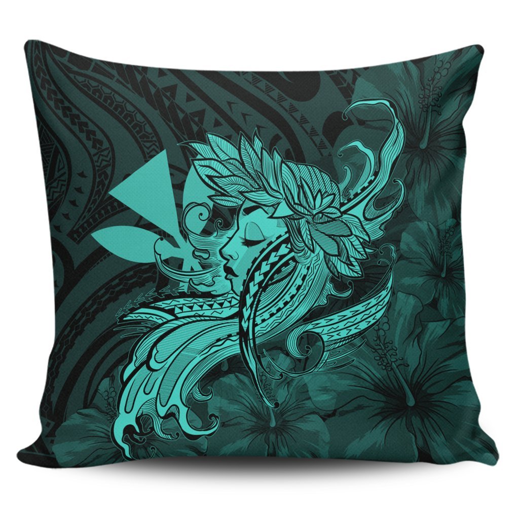 Hawaiian Map Hula Girl Hibiscus Kanaka Polynesian Pillow Covers - Turquoise - AH Pillow Covers Black - Polynesian Pride