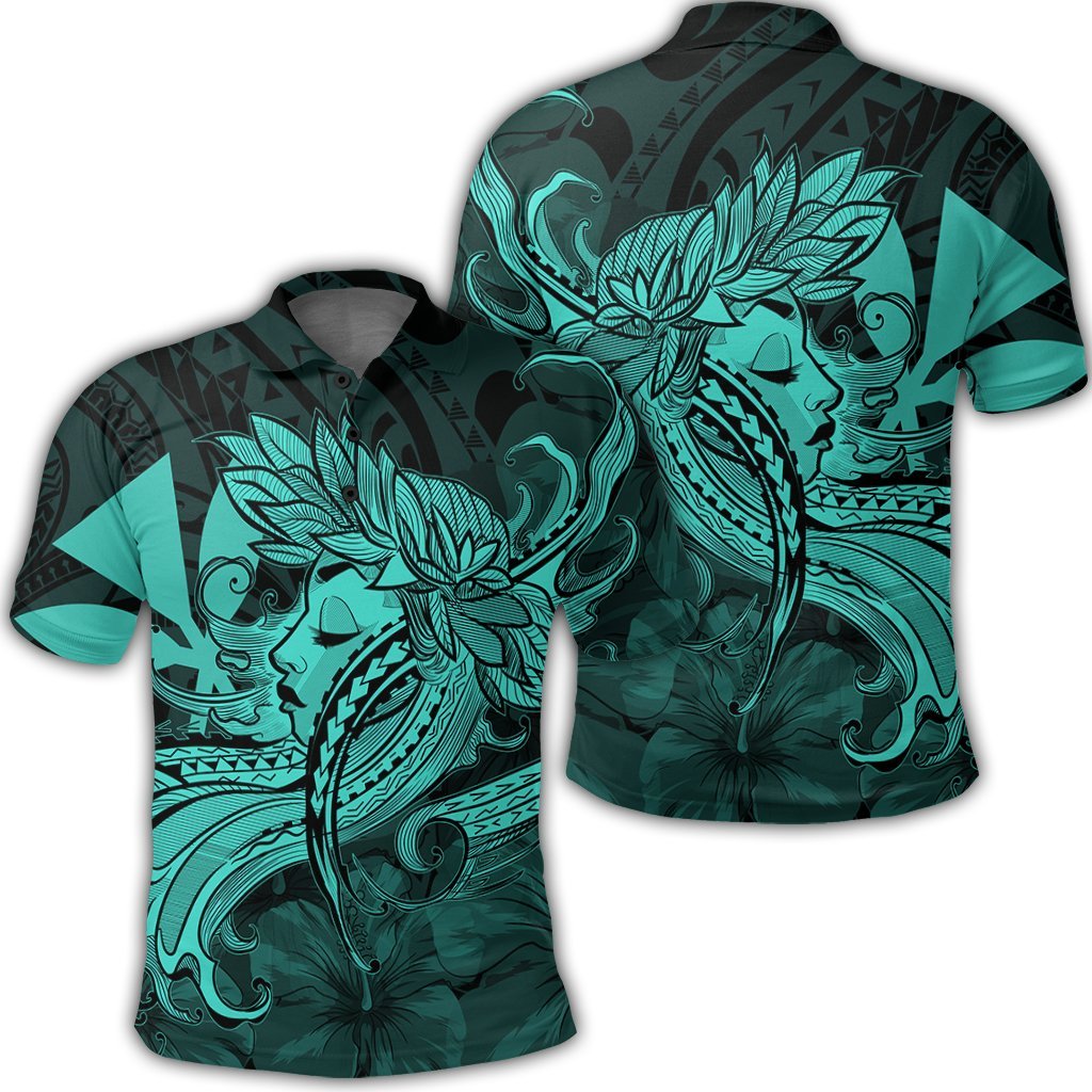 Hawaiian Map Hula Girl Hibiscus Kanaka Polynesian Polo Shirt Turquoise Unisex Black - Polynesian Pride