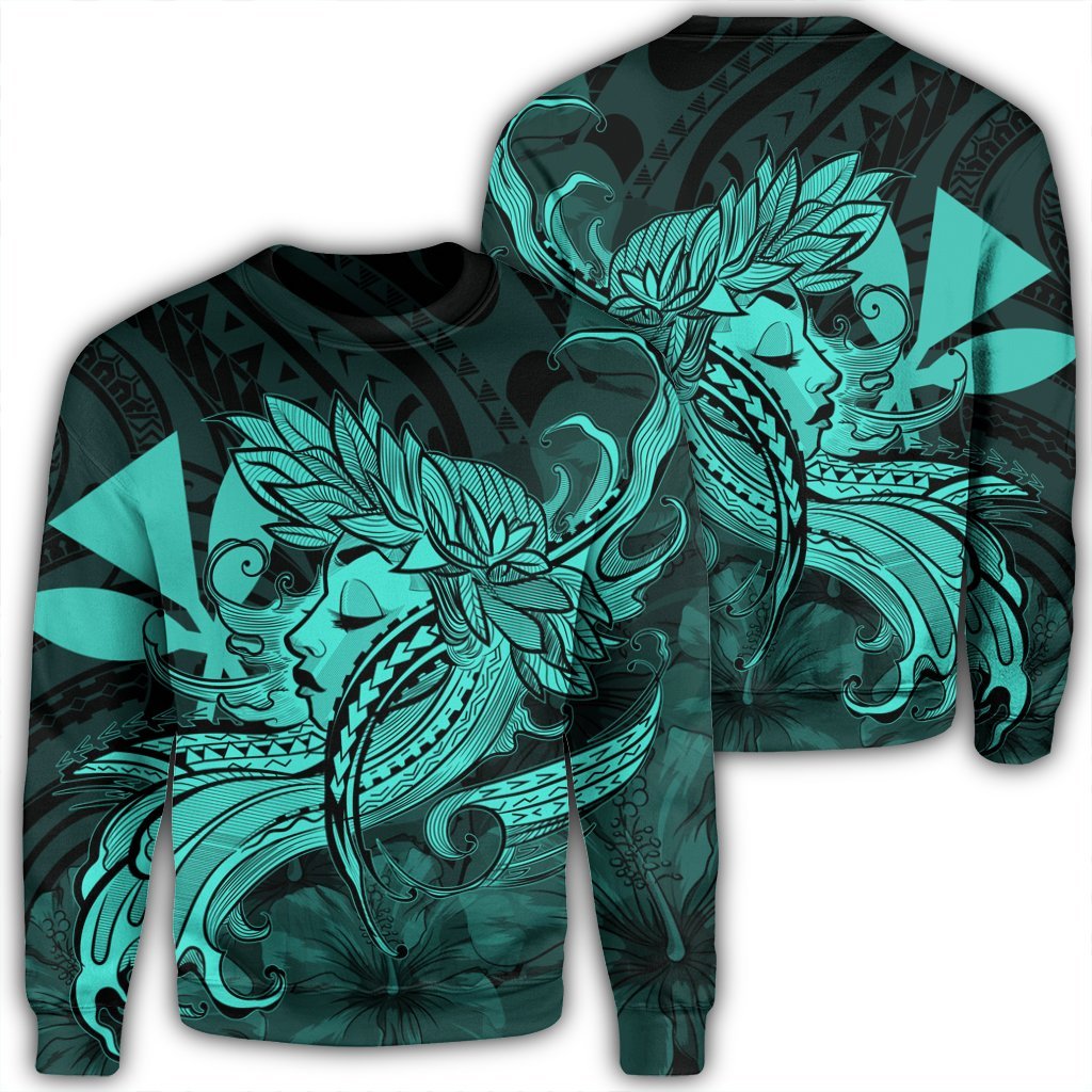 Hawaiian Map Hula Girl Hibiscus Kanaka Polynesian Sweatshirt - Turquoise - AH Unisex Black - Polynesian Pride