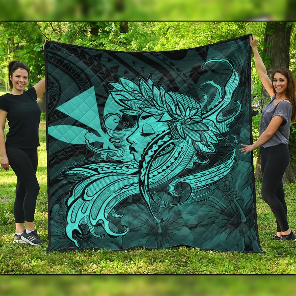 Hawaiian Map Hula Girl Hibiscus Kanaka Polynesian Premium Quilts - Turquoise - AH Black - Polynesian Pride