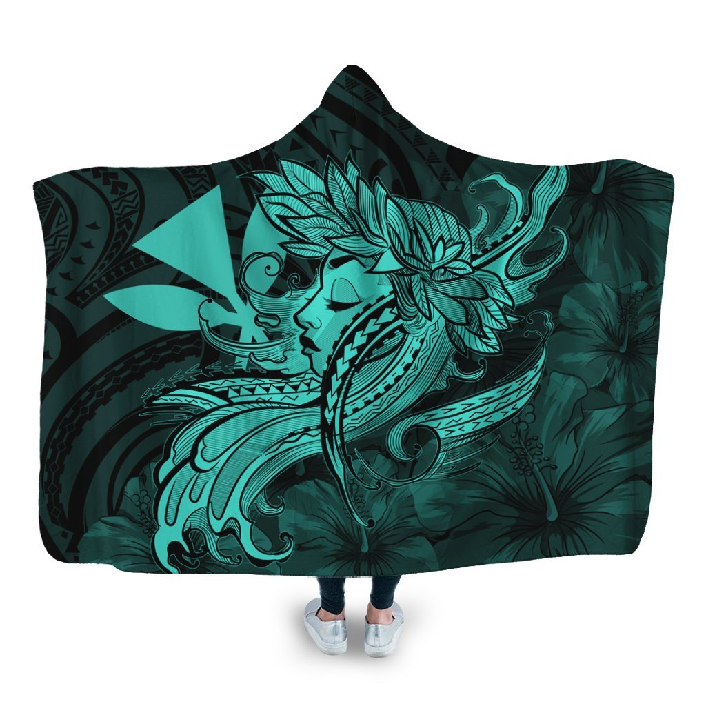 Hawaiian Map Hula Girl Hibiscus Kanaka Polynesian Hooded Blanket - Turquoise - AH Hooded Blanket White - Polynesian Pride