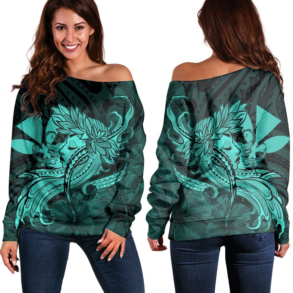 Hawaiian Map Hula Girl Hibiscus Kanaka Polynesian Women's Off Shoulder Sweater - Turquoise - AH Black - Polynesian Pride