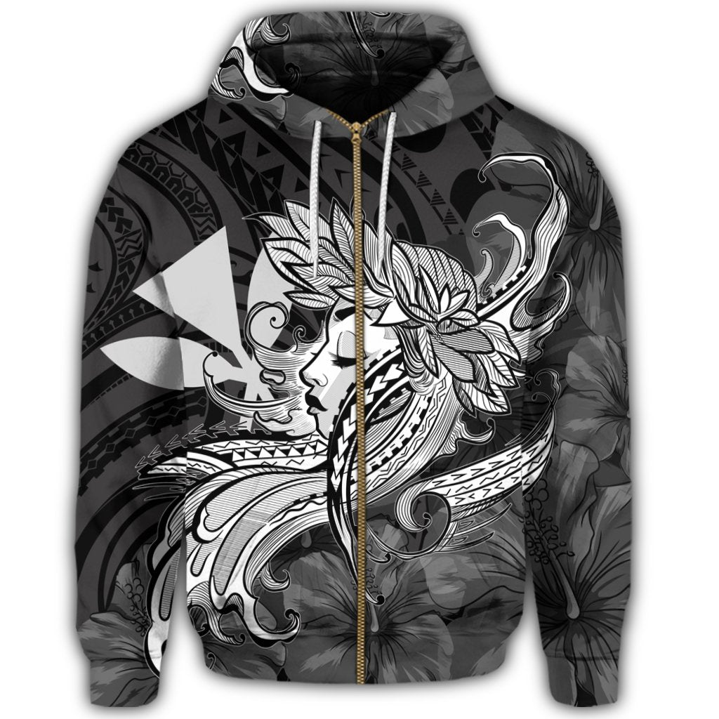 Hawaiian Map Hula Girl Hibiscus Kanaka Polynesian Zip Hoodie White - Polynesian Pride