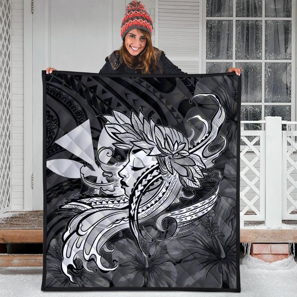 Hawaiian Map Hula Girl Hibiscus Kanaka Polynesian Premium Quilts - White - AH - Polynesian Pride