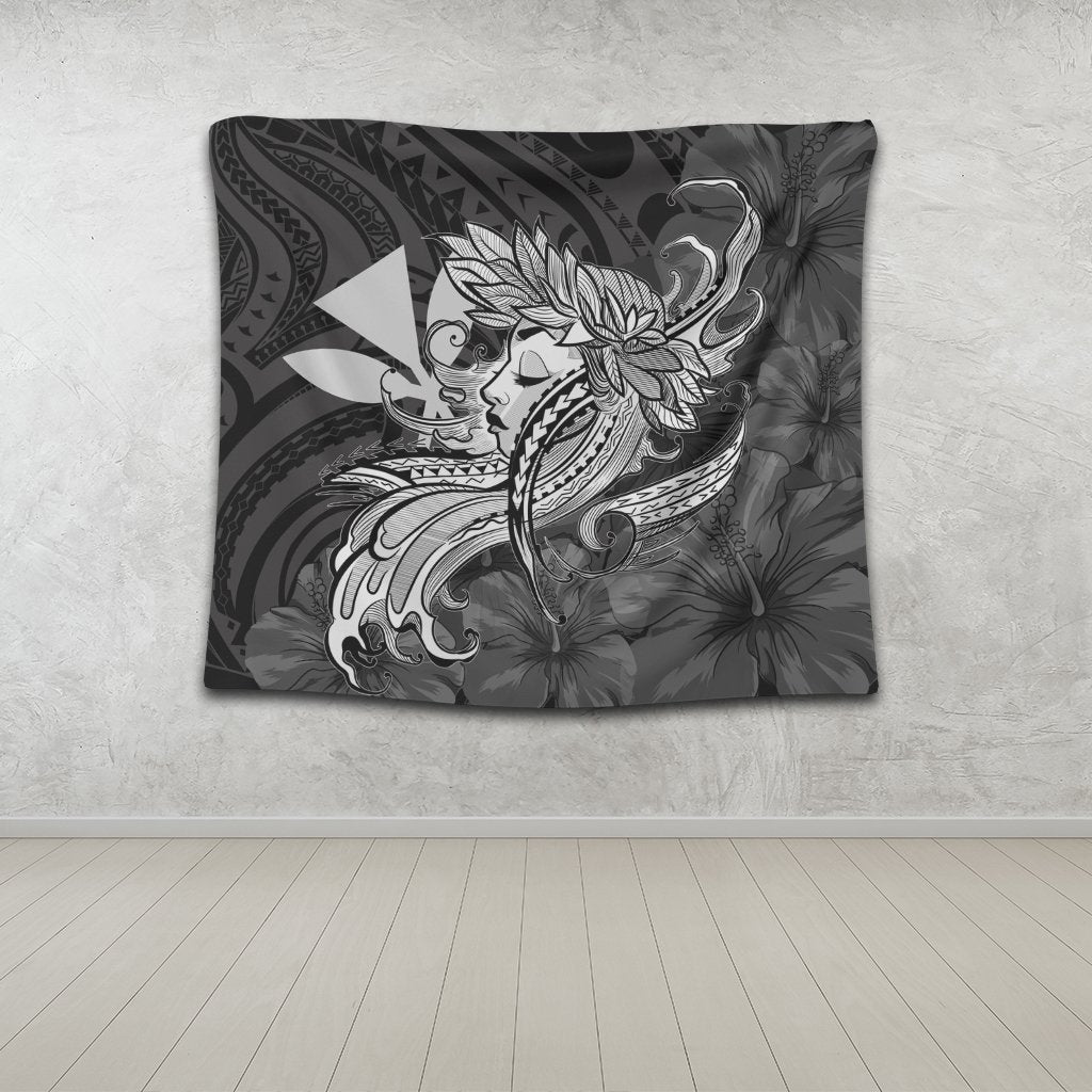 Hawaiian Map Hula Girl Hibiscus Kanaka Polynesian Tapestry - White - AH - Polynesian Pride