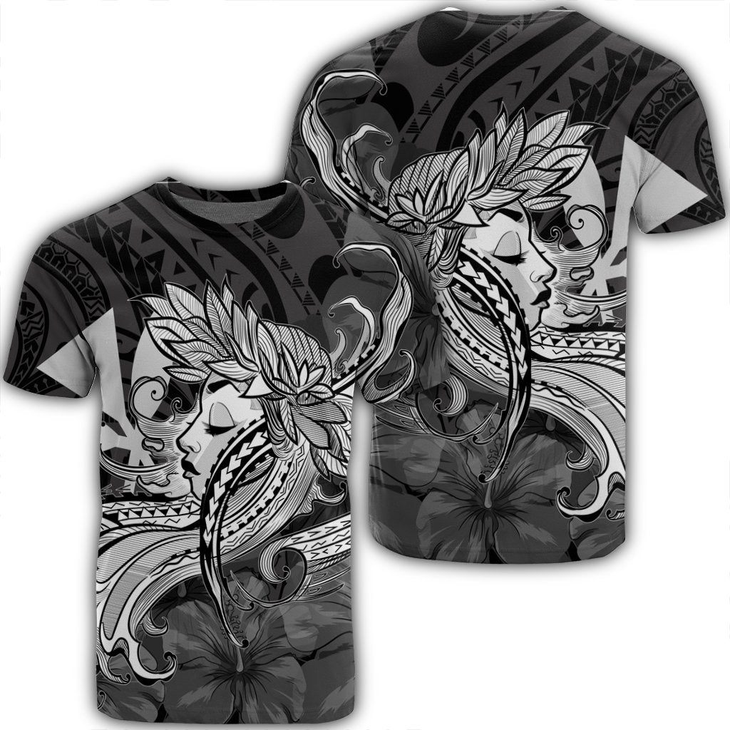 Hawaiian Map Hula Girl Hibiscus Kanaka Polynesian T Shirt White Unisex Black - Polynesian Pride